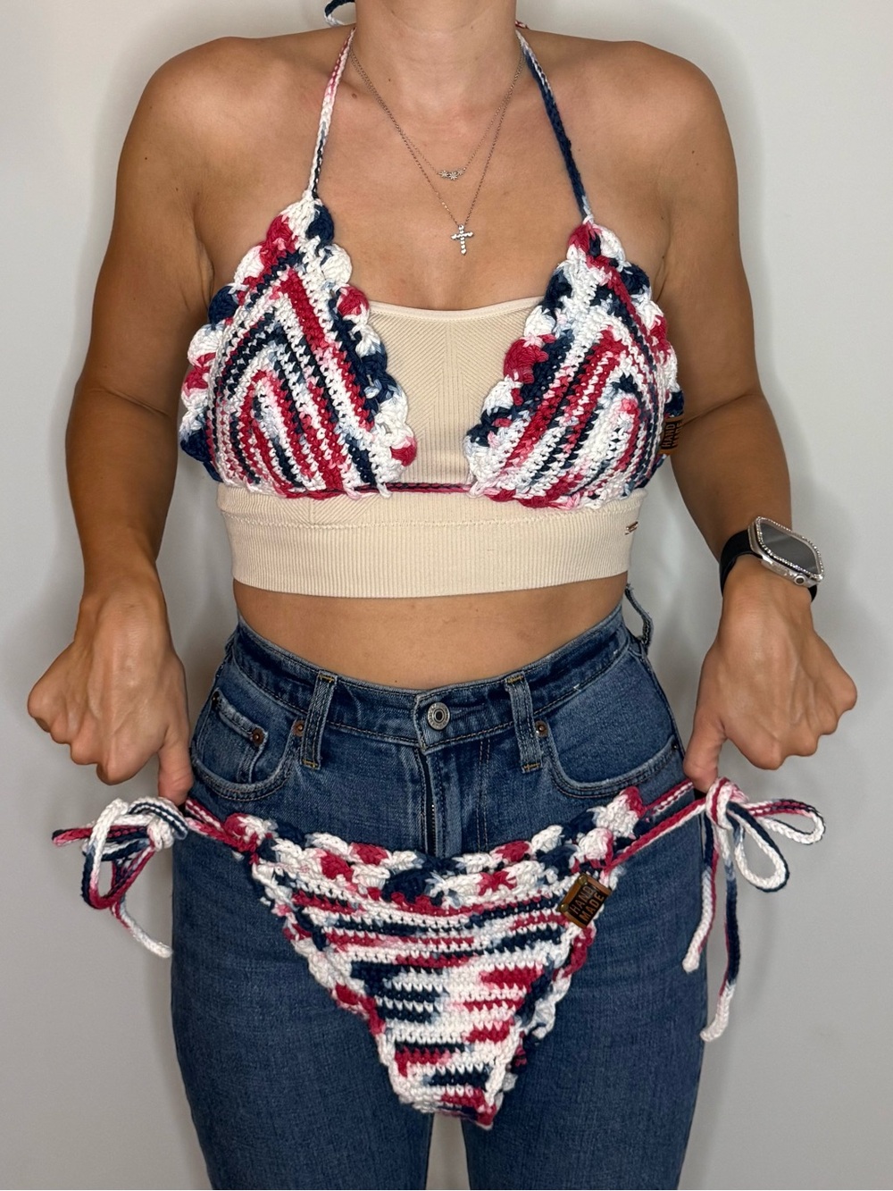 Crochet Triangle Bikini Set in Red, White & Navy